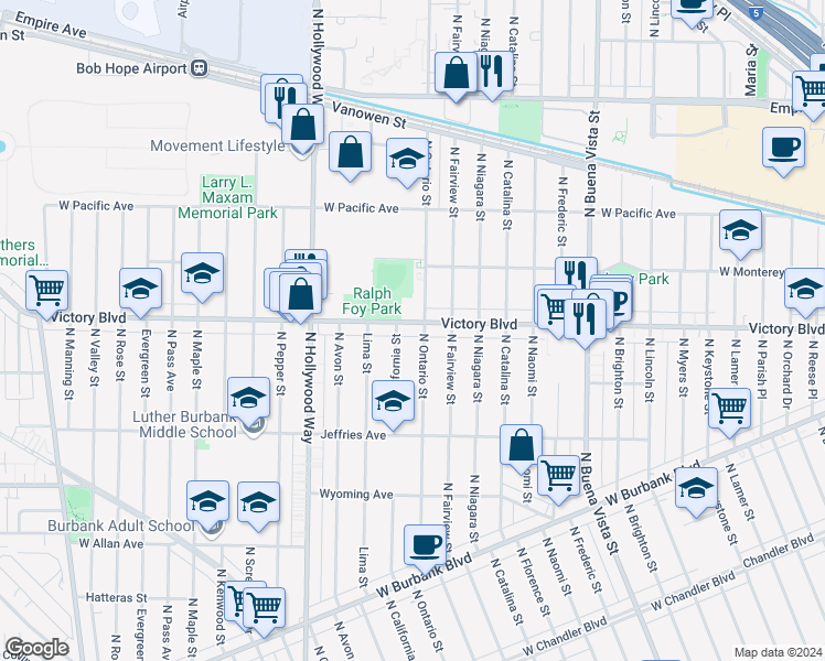 map of restaurants, bars, coffee shops, grocery stores, and more near in Burbank