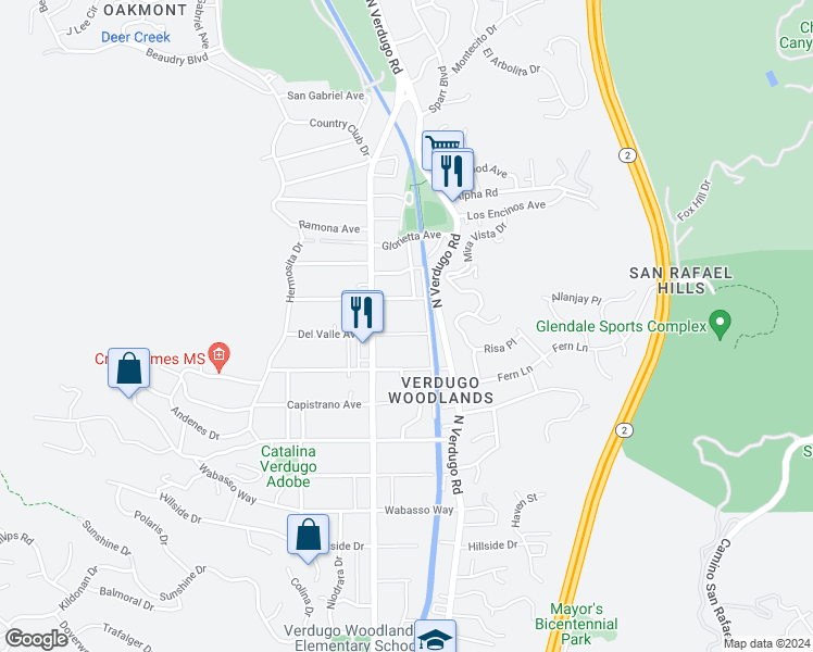 map of restaurants, bars, coffee shops, grocery stores, and more near 1729 Del Valle Avenue in Glendale