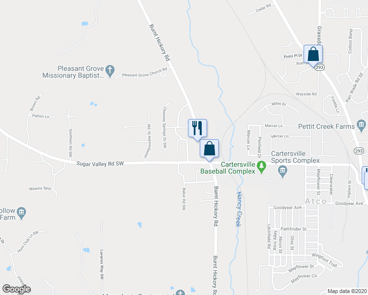 map of restaurants, bars, coffee shops, grocery stores, and more near 25 Oakbrook Drive in Cartersville