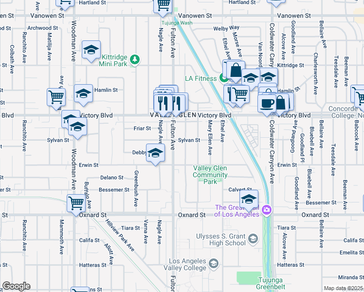 map of restaurants, bars, coffee shops, grocery stores, and more near 6303 Longridge Avenue in Los Angeles
