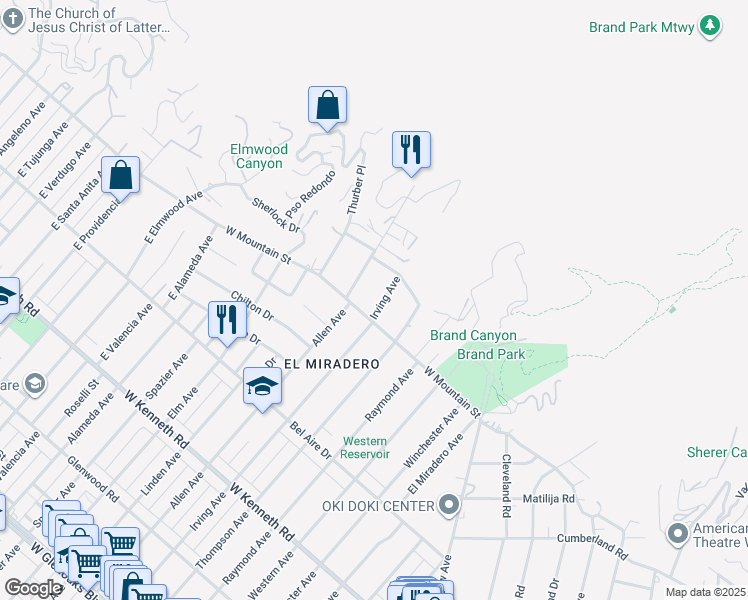 map of restaurants, bars, coffee shops, grocery stores, and more near 1617 Irving Avenue in Glendale