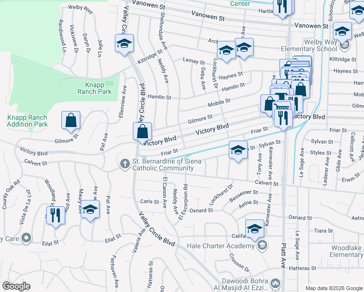 map of restaurants, bars, coffee shops, grocery stores, and more near 24201 Friar Street in Los Angeles
