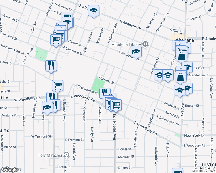 map of restaurants, bars, coffee shops, grocery stores, and more near 379 Buena Loma Street in Altadena