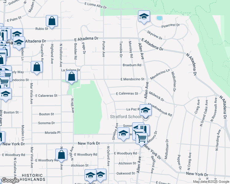 map of restaurants, bars, coffee shops, grocery stores, and more near 1685 East Calaveras Street in Altadena