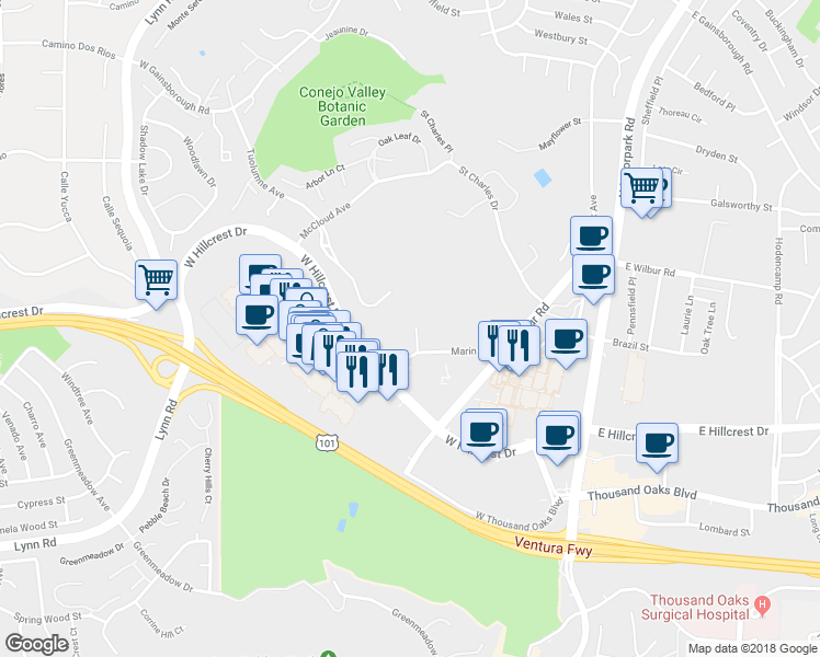 map of restaurants, bars, coffee shops, grocery stores, and more near 509 Marin Street in Thousand Oaks