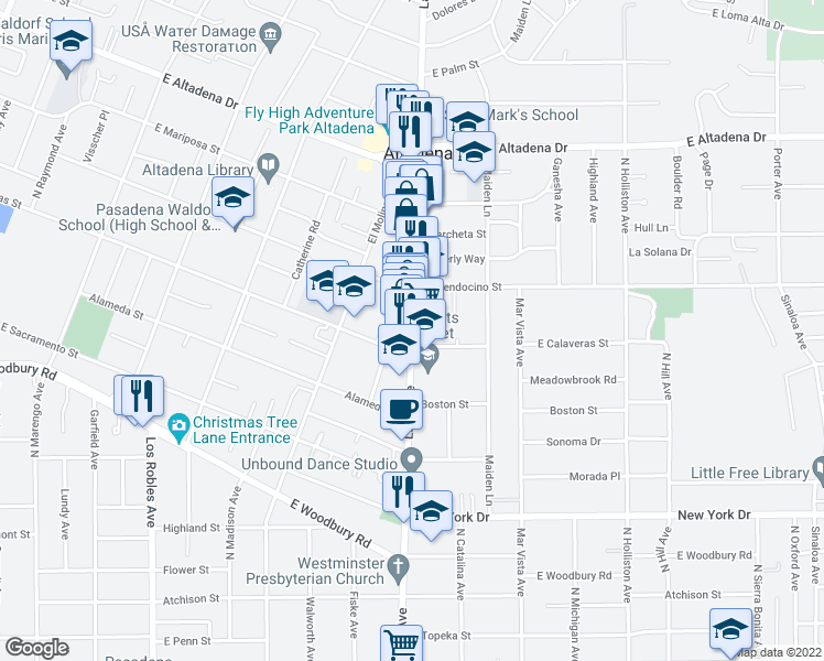 map of restaurants, bars, coffee shops, grocery stores, and more near 2245 North Lake Avenue in Altadena