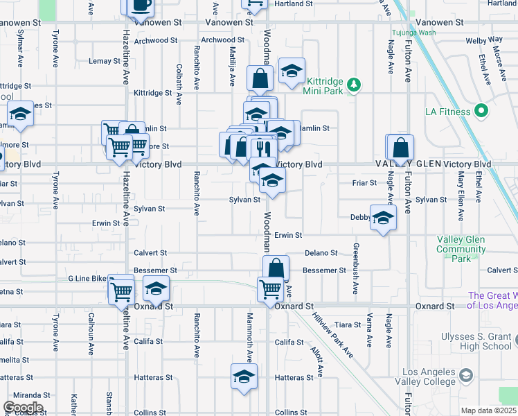 map of restaurants, bars, coffee shops, grocery stores, and more near 6245 Woodman Avenue in Los Angeles