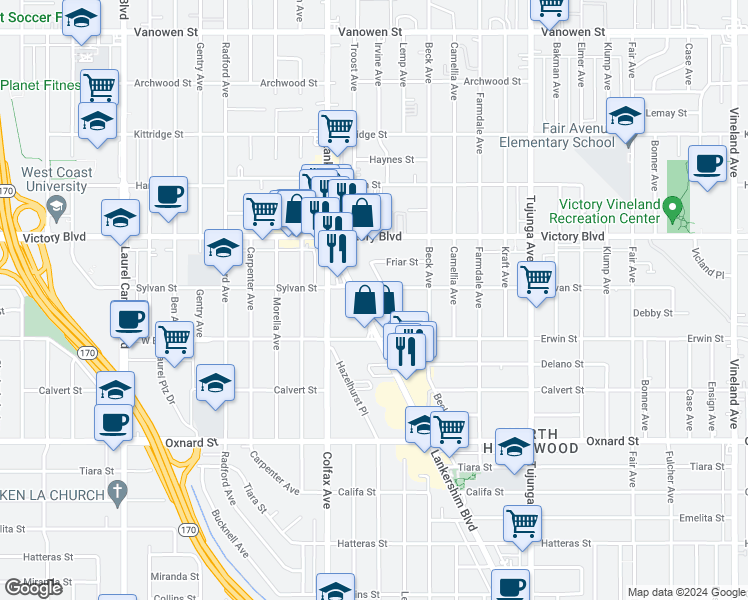 map of restaurants, bars, coffee shops, grocery stores, and more near 6240 Lankershim Boulevard in Los Angeles