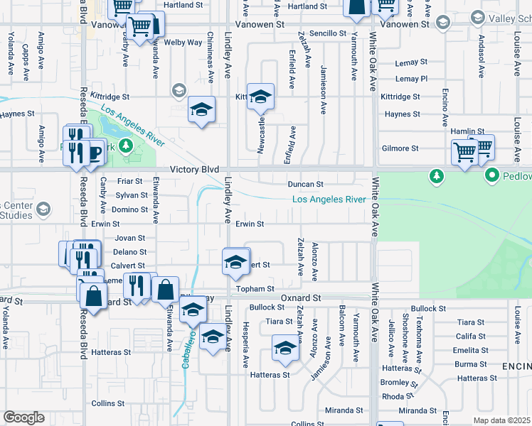 map of restaurants, bars, coffee shops, grocery stores, and more near 6316 Newcastle Avenue in Los Angeles