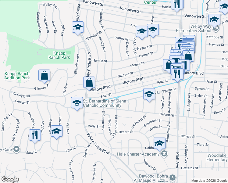 map of restaurants, bars, coffee shops, grocery stores, and more near 24201 Friar Street in Los Angeles