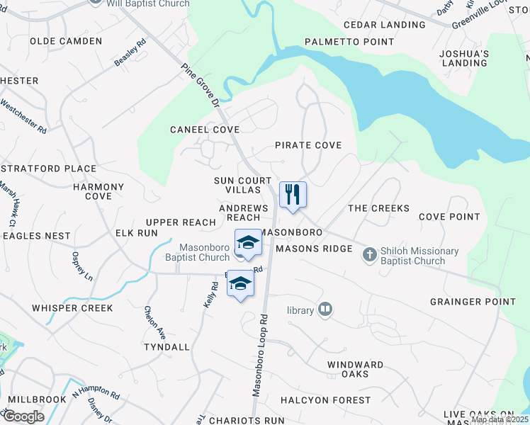map of restaurants, bars, coffee shops, grocery stores, and more near 5405 Andrews Reach Loop in Wilmington