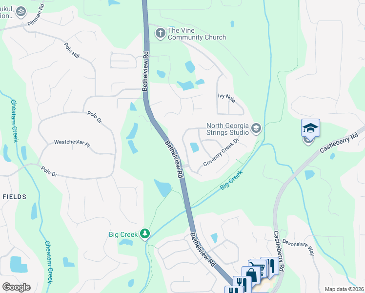 map of restaurants, bars, coffee shops, grocery stores, and more near 5165 Oak Hill Terrace in Cumming