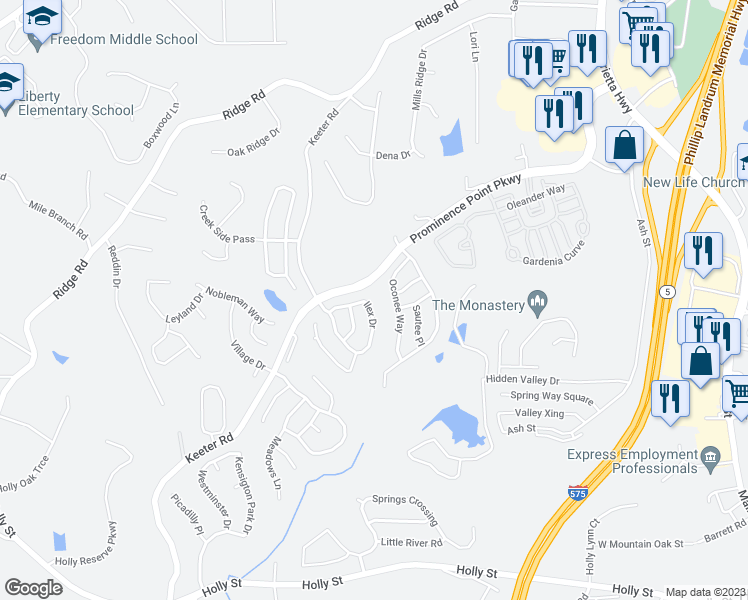 map of restaurants, bars, coffee shops, grocery stores, and more near 180 Ilex Drive in Canton