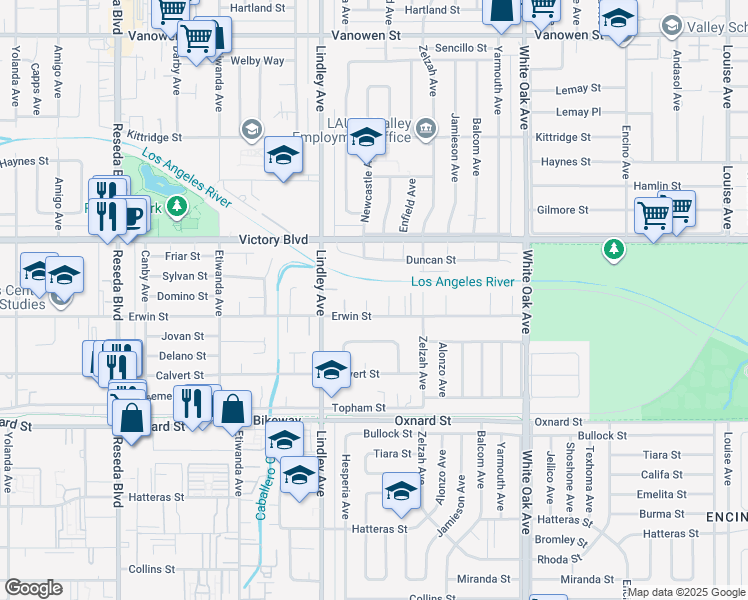 map of restaurants, bars, coffee shops, grocery stores, and more near 6316 Newcastle Avenue in Los Angeles