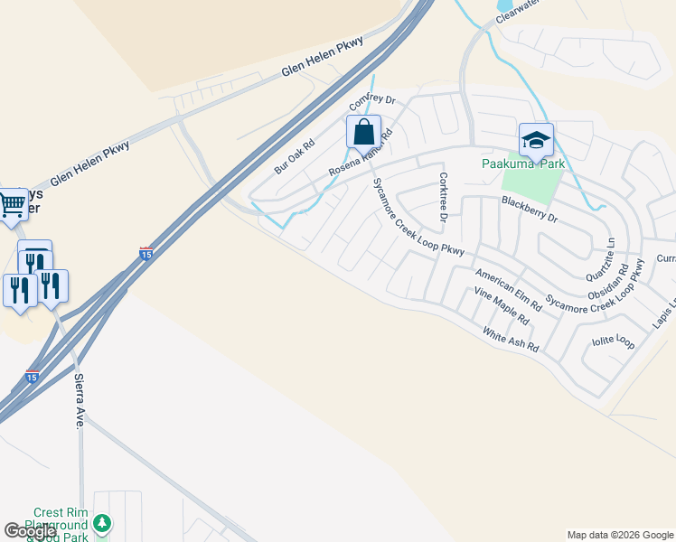 map of restaurants, bars, coffee shops, grocery stores, and more near 17901 Crabapple Court in San Bernardino