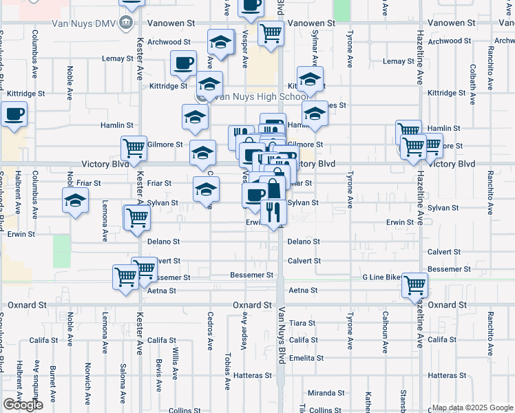 map of restaurants, bars, coffee shops, grocery stores, and more near 14555 Sylvan Street in Los Angeles
