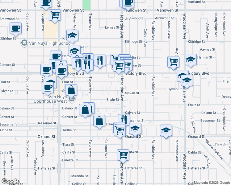 map of restaurants, bars, coffee shops, grocery stores, and more near 14143 Sylvan Street in Los Angeles