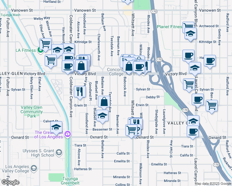 map of restaurants, bars, coffee shops, grocery stores, and more near 6249 Beeman Avenue in Los Angeles