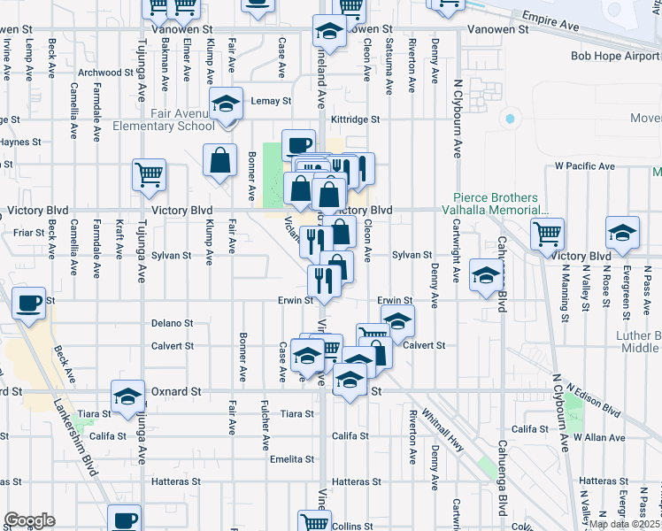 map of restaurants, bars, coffee shops, grocery stores, and more near 6250 Vineland Avenue in Los Angeles