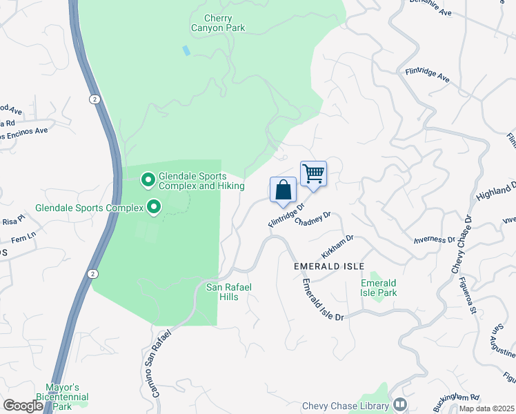 map of restaurants, bars, coffee shops, grocery stores, and more near 2514 Flintridge Drive in Glendale