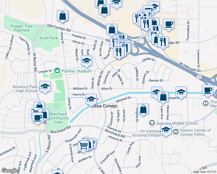 map of restaurants, bars, coffee shops, grocery stores, and more near 533 Dorena Drive in Thousand Oaks