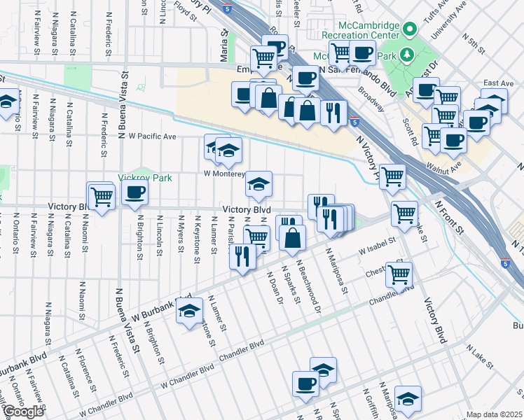 map of restaurants, bars, coffee shops, grocery stores, and more near 1715 West Victory Boulevard in Burbank