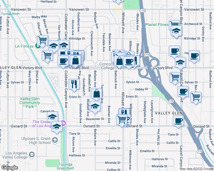 map of restaurants, bars, coffee shops, grocery stores, and more near 6249 Beeman Avenue in Los Angeles