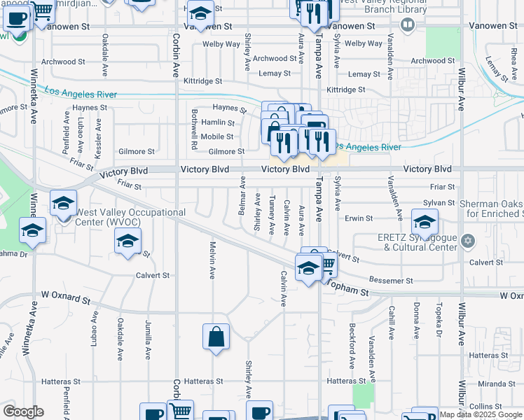map of restaurants, bars, coffee shops, grocery stores, and more near 6258 Shirley Avenue in Los Angeles