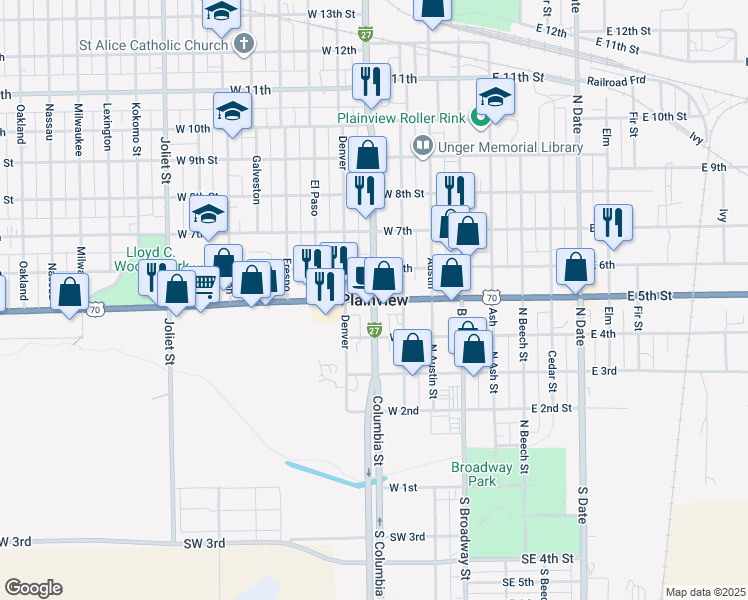 map of restaurants, bars, coffee shops, grocery stores, and more near in Plainview