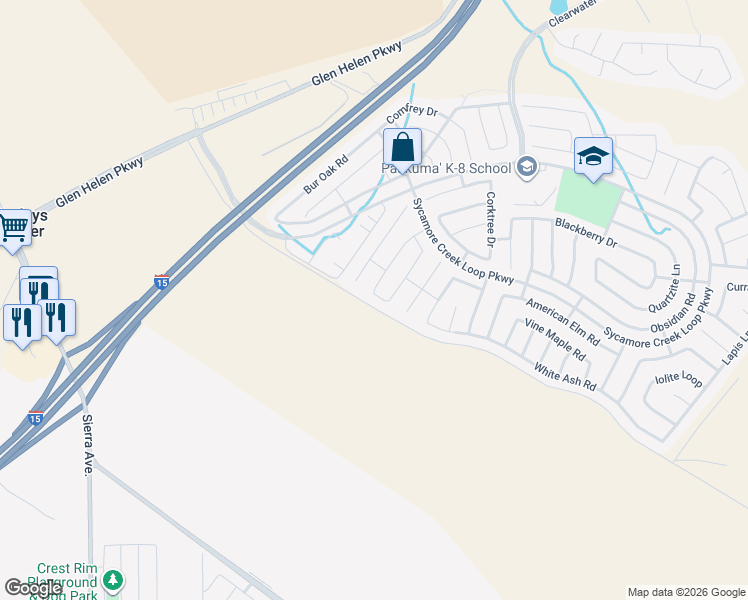 map of restaurants, bars, coffee shops, grocery stores, and more near 17901 Crabapple Court in San Bernardino