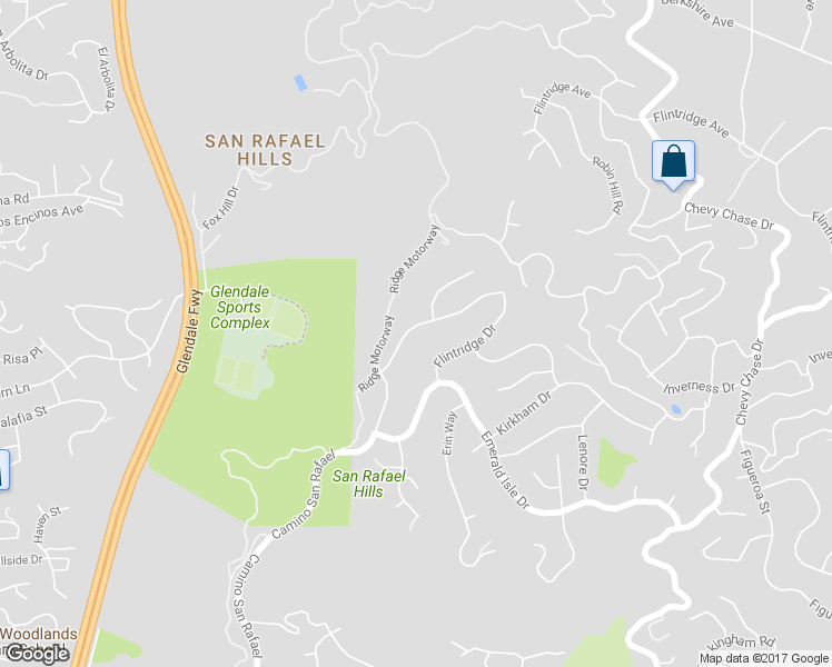 map of restaurants, bars, coffee shops, grocery stores, and more near 2514 Flintridge Drive in Glendale
