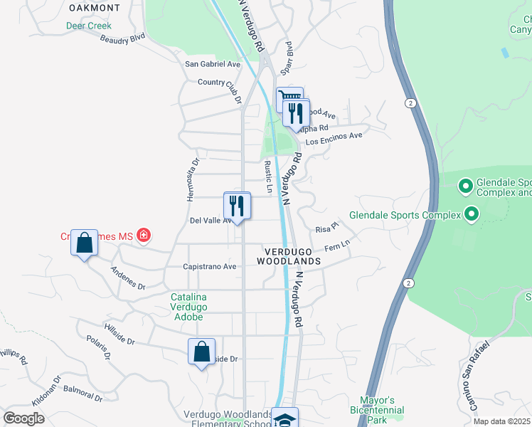 map of restaurants, bars, coffee shops, grocery stores, and more near 1729 Del Valle Avenue in Glendale