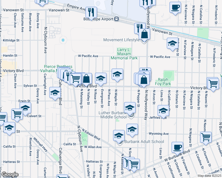 map of restaurants, bars, coffee shops, grocery stores, and more near 3919 West Victory Boulevard in Burbank
