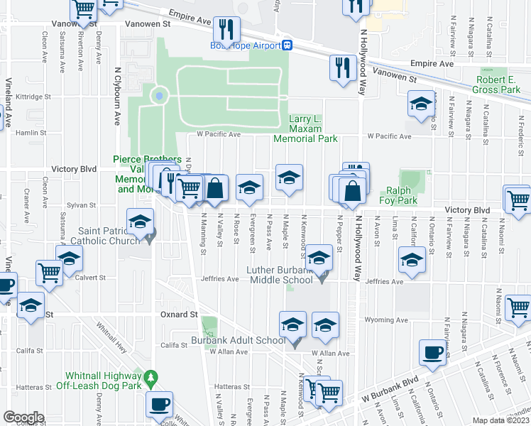 map of restaurants, bars, coffee shops, grocery stores, and more near 3919 West Victory Boulevard in Burbank