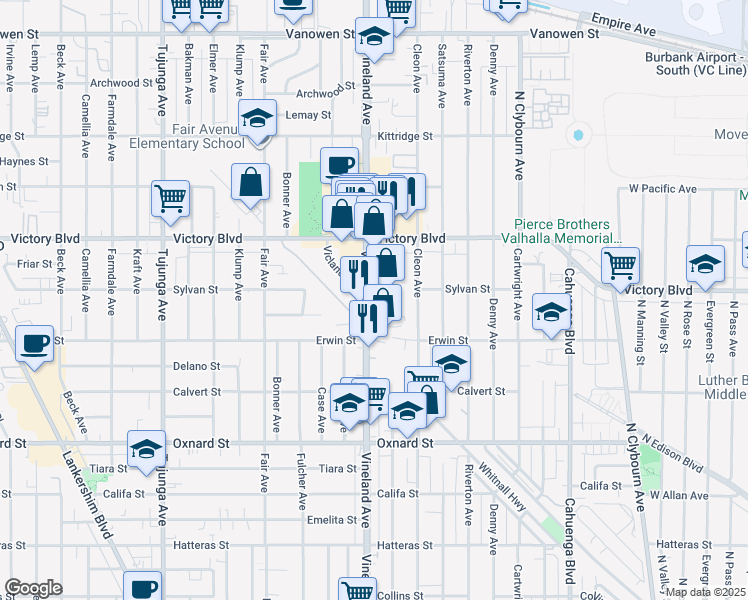 map of restaurants, bars, coffee shops, grocery stores, and more near 6301 Craner Avenue in Los Angeles
