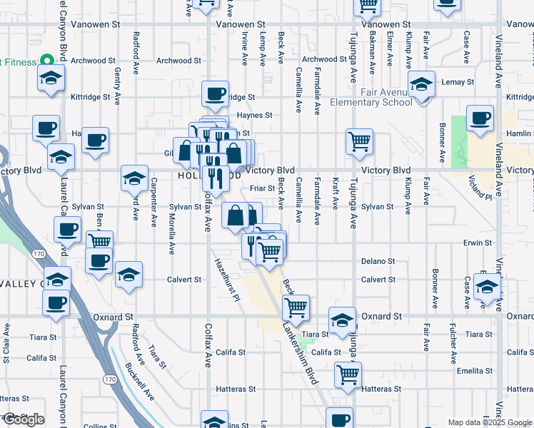map of restaurants, bars, coffee shops, grocery stores, and more near 11601 Sylvan Street in Los Angeles