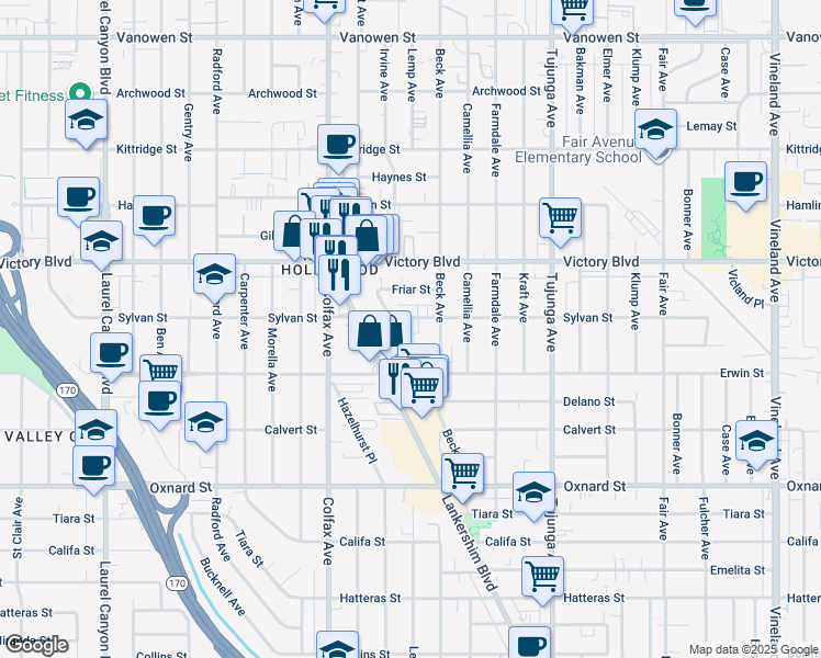 map of restaurants, bars, coffee shops, grocery stores, and more near 11601 Sylvan Street in Los Angeles