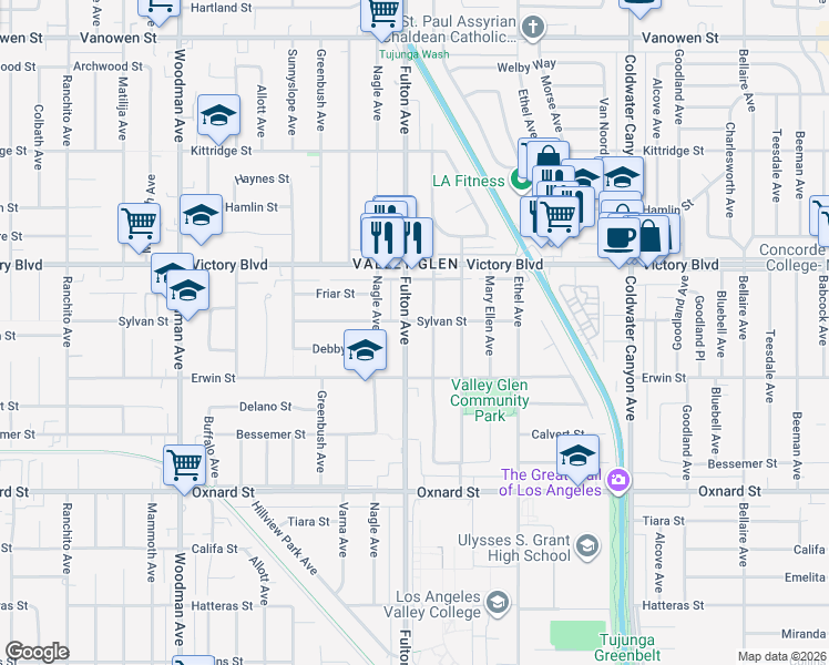 map of restaurants, bars, coffee shops, grocery stores, and more near 6303 Longridge Avenue in Los Angeles