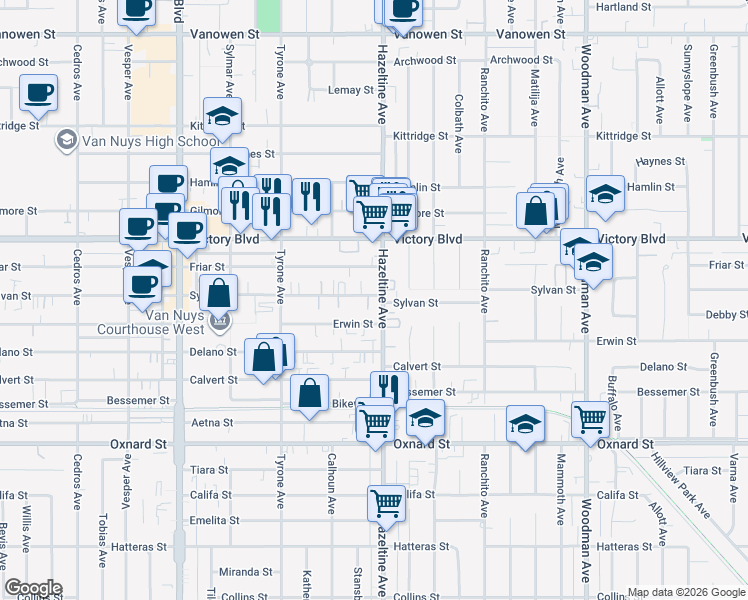 map of restaurants, bars, coffee shops, grocery stores, and more near 6311 Hazeltine Avenue in Los Angeles