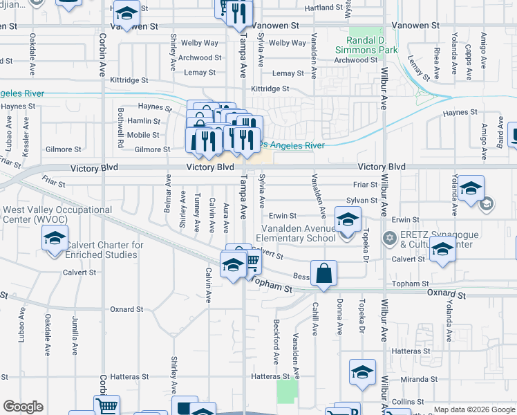 map of restaurants, bars, coffee shops, grocery stores, and more near 6301 Sylvia Avenue in Los Angeles