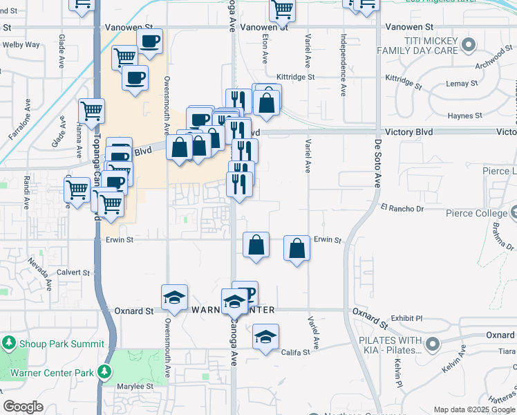 map of restaurants, bars, coffee shops, grocery stores, and more near 6320 Canoga Avenue in Los Angeles
