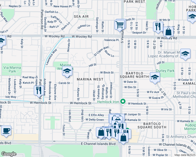 map of restaurants, bars, coffee shops, grocery stores, and more near 1410 Ukiah Street in Oxnard
