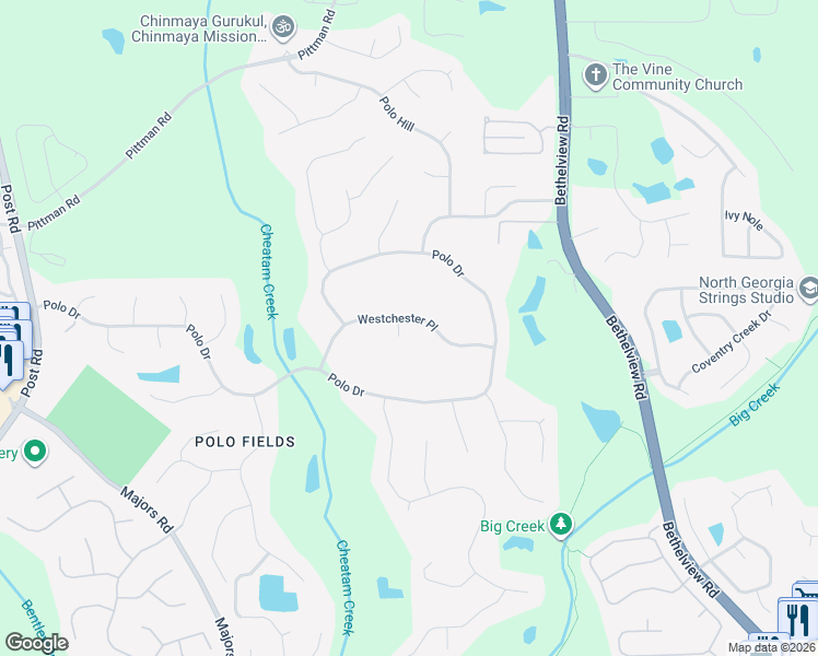 map of restaurants, bars, coffee shops, grocery stores, and more near 6410 Westchester Place in Cumming