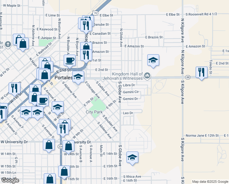 map of restaurants, bars, coffee shops, grocery stores, and more near 800 South Elgin Avenue in Portales