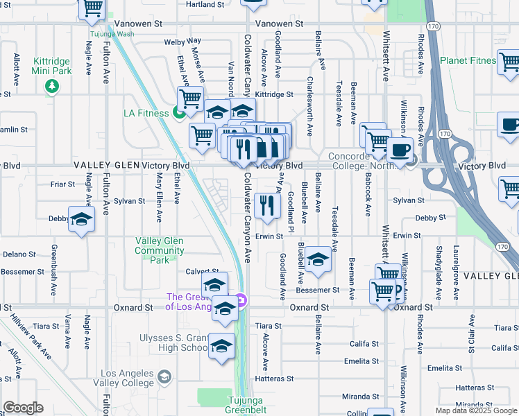 map of restaurants, bars, coffee shops, grocery stores, and more near 6251 Alcove Avenue in Los Angeles