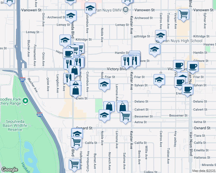 map of restaurants, bars, coffee shops, grocery stores, and more near 6269 Norwich Avenue in Los Angeles