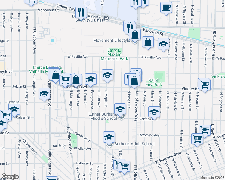 map of restaurants, bars, coffee shops, grocery stores, and more near 3800 West Victory Boulevard in Burbank