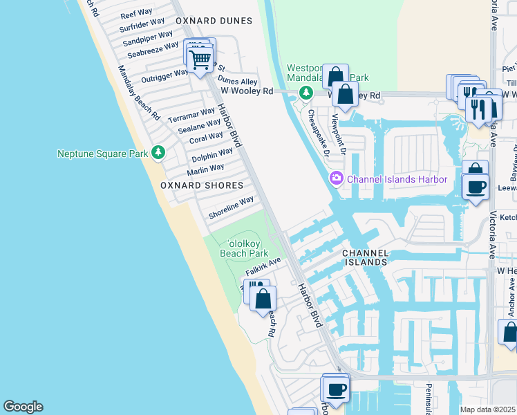 map of restaurants, bars, coffee shops, grocery stores, and more near 4810 Oceanaire Street in Oxnard