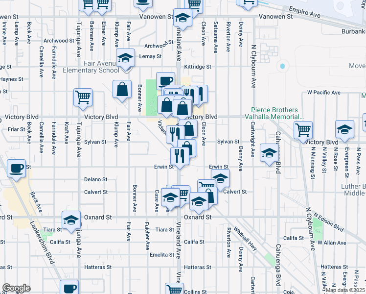 map of restaurants, bars, coffee shops, grocery stores, and more near 6301 Craner Avenue in Los Angeles