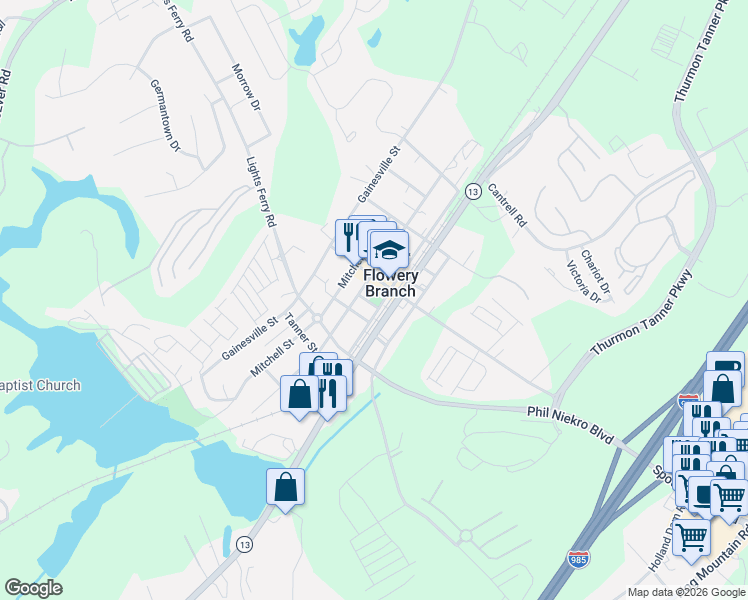map of restaurants, bars, coffee shops, grocery stores, and more near 5620 Church Street in Flowery Branch
